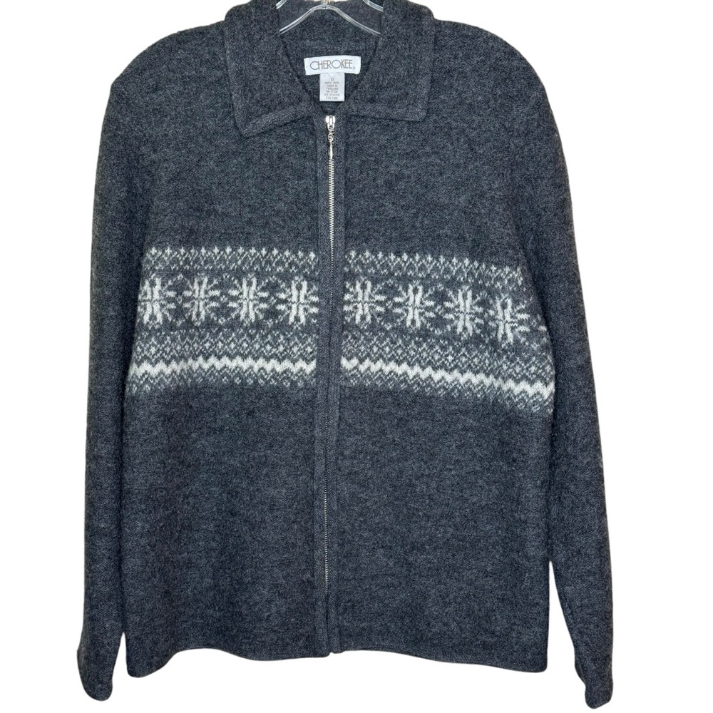 Vintage Cherokee Gray Patterned Cardigan Sweater Size S 100% Wool Full Zip